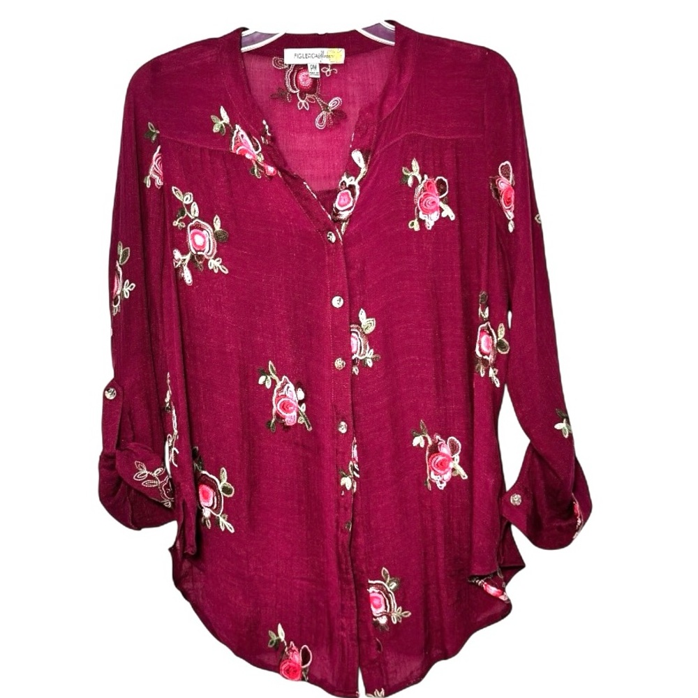 Figueroa & Flower Embroidered Shirt Petite M Floral Boho Fall Wardrobe